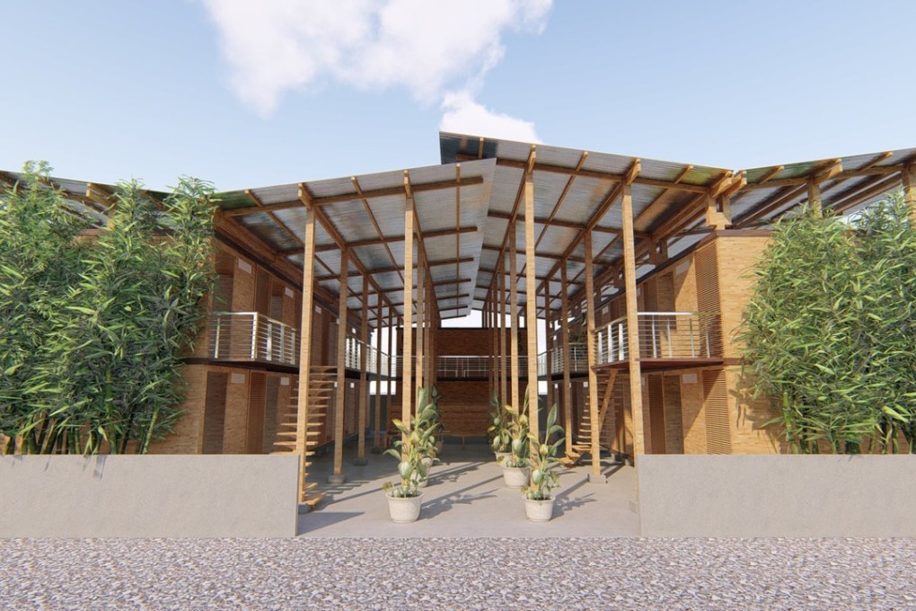 Outside the bamboo house by Earl Forlales, which can be manufactured in a week, constructed in four hours and costs £60 (US$77) per square metre.