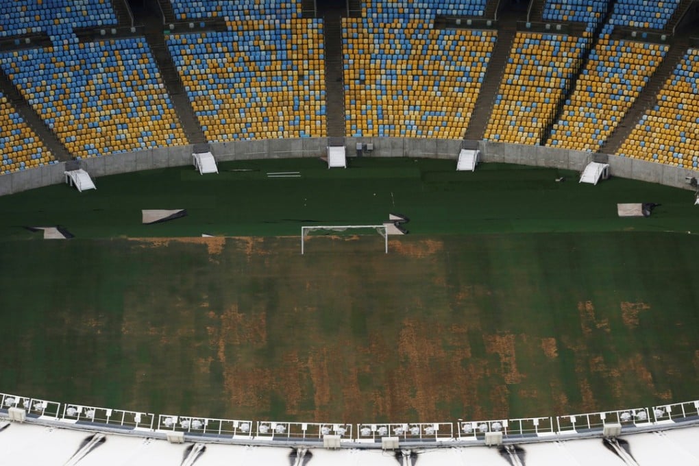 An aerial view of Maracana Stadium, which was used for the opening and closing ceremonies of the Rio 2016 Olympic Games, shows that the turf is dry, worn and filled with ruts and holes in January 2017. Photo: Reuters