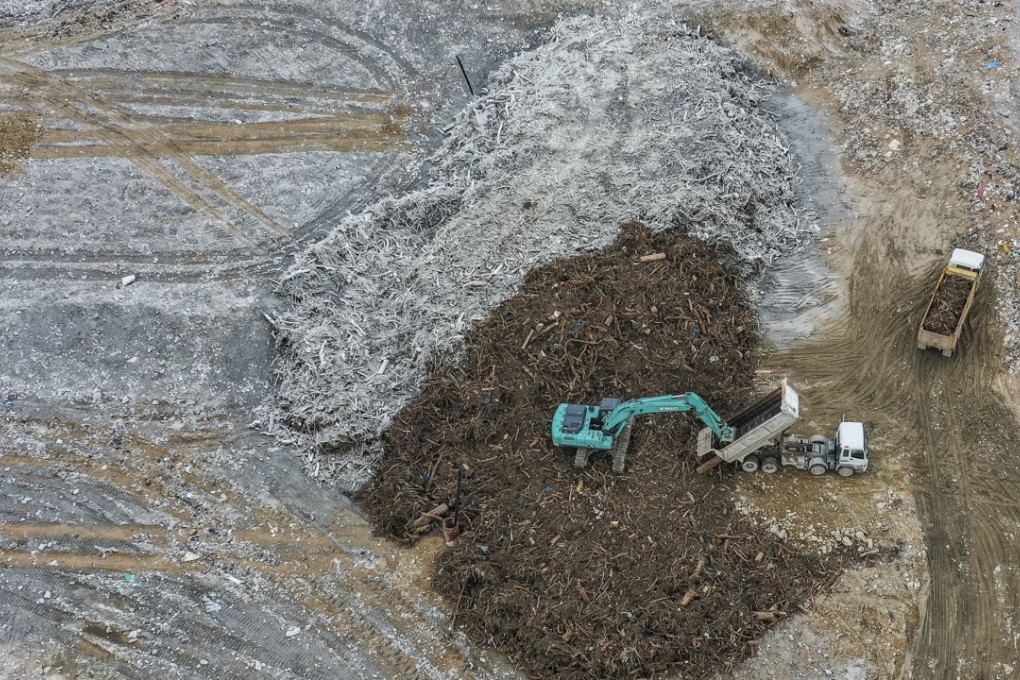 Part of the tree waste previously stored in temporary collection area in Kai Tak after Typhoon Mangkhut is shipped to West New Territories Landfill in Tuen Mun on October 19. About 7,000 tonnes of trees were felled by Hong Kong’s strongest typhoon since records began. Photo: Roy Issa
