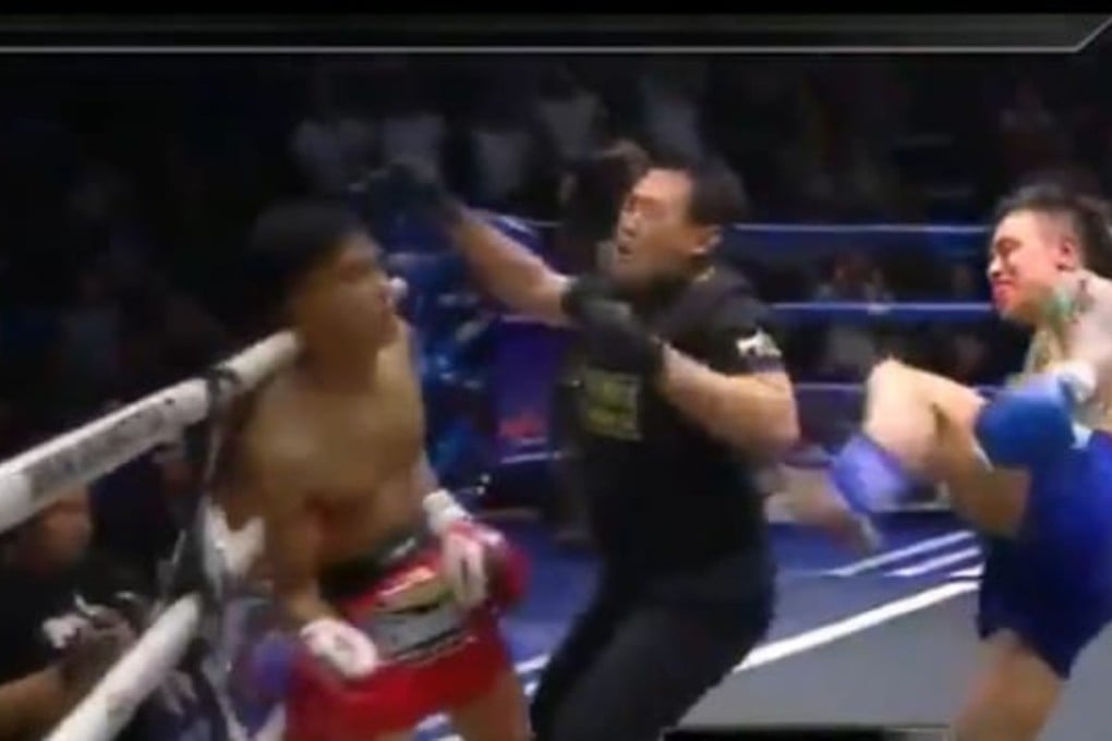 The referee gets knocked out by China’s Gou Dakui (blue trunks) in Pattaya. Photo: Twitter