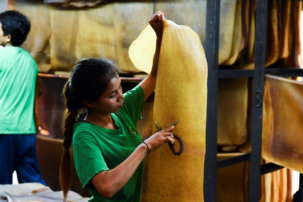 A woman cuts out stains from a raw rubber sheet at a factory in Rayong Province. Photo: AFP
