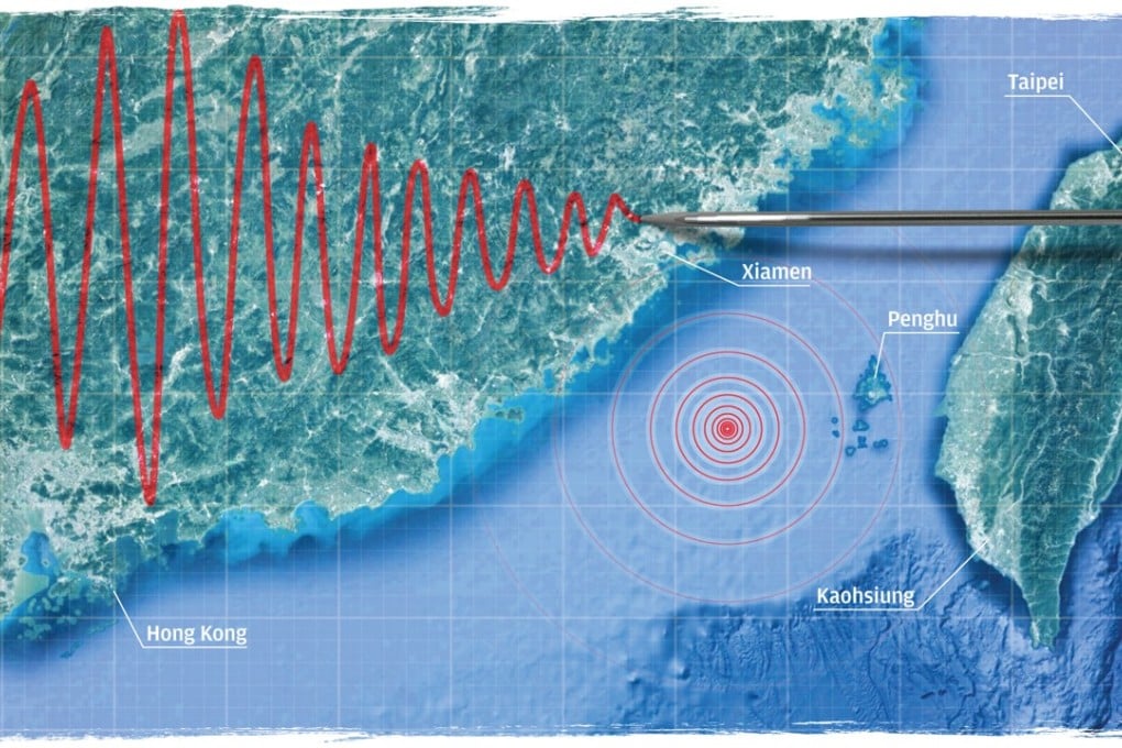 A digital map shows a simulation of an earthquake originating near Taiwan with tremors impacting Hong Kong, Xiamen, and Penghu, with seismic waves illustrated by red concentric circles and an irregular red wave pattern indicating shaking intensity.