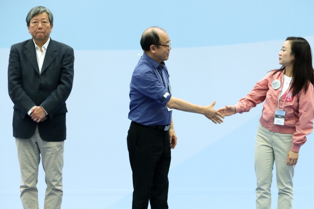 Pro-democrats Lee Cheuk-yan (left) and Frederick Fung (centre) lost the Kowloon West by-election to the pro-establishment Chan Hoi-yan (right). Photo: Sam Tsang