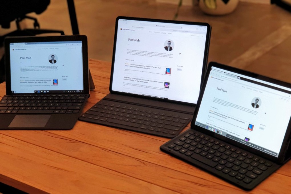 We put the latest tablets to the test: (from left to right) the Microsoft Surface Go, Apple iPad Pro and Samsung Galaxy Tab S4. Photo: Paul Mah