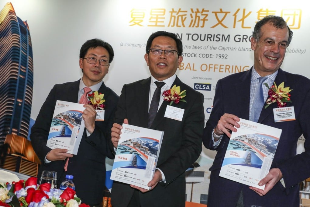 Fosun Tourism Group’s executive director and CFO, Wenping Wang (left), chairman, and CEO, Jiannong Qian, and vice-chairman, executive director and deputy CEO, Henri Giscard d'Estaing. Photo: Nora Tam