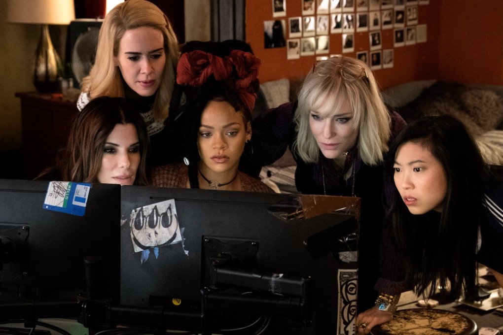 Awkwafina (right) with (from left): Sandra Bullock, Sarah Paulson, Rihanna, and Cate Blanchett in a still from Ocean's 8.