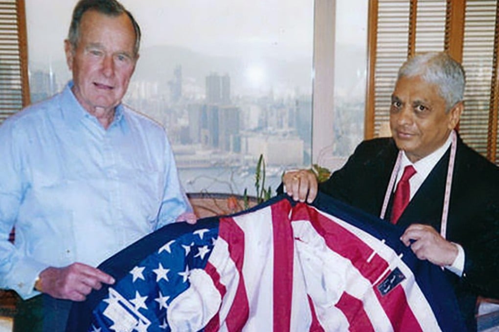 One of the most memorable pieces of tailoring Melwani (right) recalled making for Bush (left) was a bespoke suit jacket with an American flag. Photo: Handout