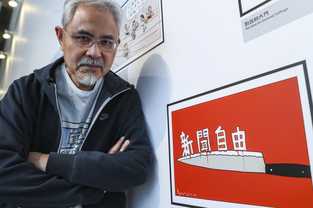 Political cartoonist Wong Kei-kwan, better known as Zunzi, at his retrospective exhibition at the Koo Ming Kown Exhibition Gallery in Kowloon Tong. Photo: Edward Wong