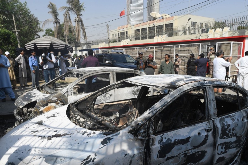 Burned out vehicles outside the Chinese consulate in Karachi following last month’s attack. Photo: AFP