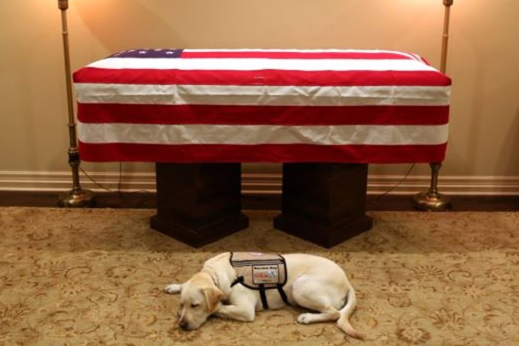 US President George H.W. Bush’s spokesman has posted a photo of the late president’s service dog lying in front of a flag-draped casket. Jim McGrath posted a picture Sunday of the yellow Labrador retriever named Sully with the caption: ‘Mission complete. #Remembering41’. Photo: Twitter/Jim McGrath