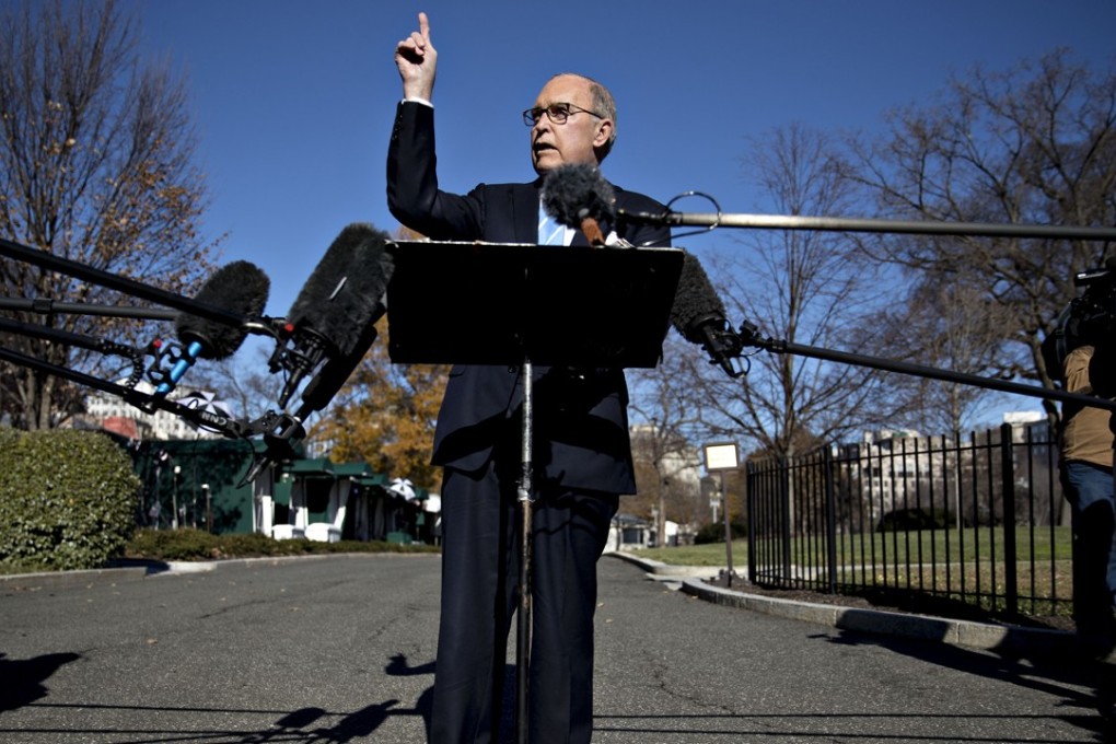 Larry Kudlow, director of the US National Economic Council, speaks to members of the media outside the White House on Monday. Photo: Bloomberg