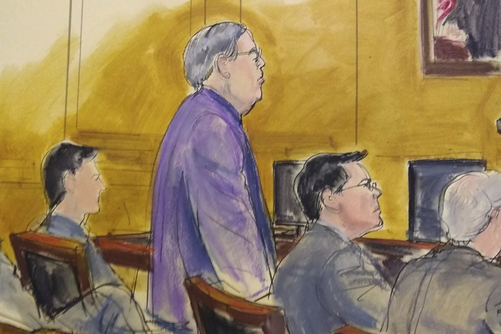A courtroom sketch depicting former Hong Kong minister Patrick Ho (centre) standing trial for bribery and money laundering. Photo: AP
