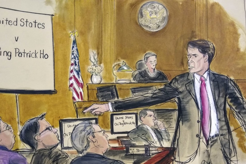 In this courtroom sketch, Assistant US Attorney Paul Hayden points at defendant Patrick Ho (seated far left) during opening statements. Illustration: Elizabeth Williams via AP