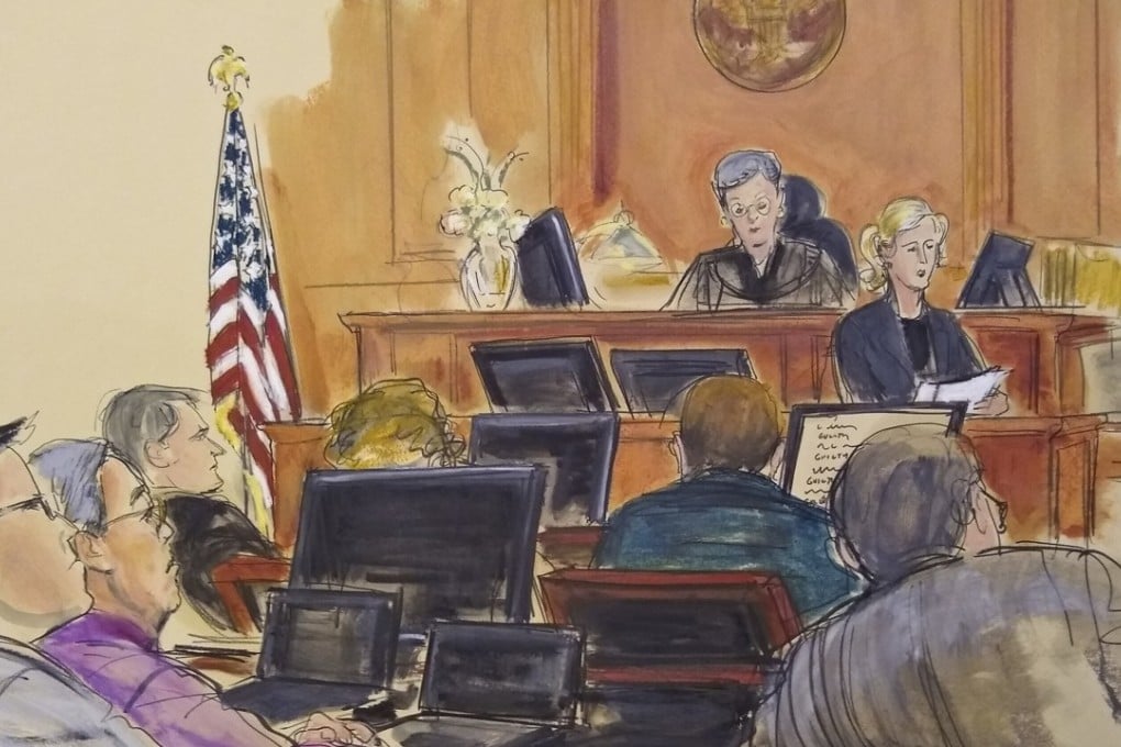 Patrick Ho (second from left), depicted in a courtroom sketch, during his trial in New York. Image: Elizabeth Williams via AP