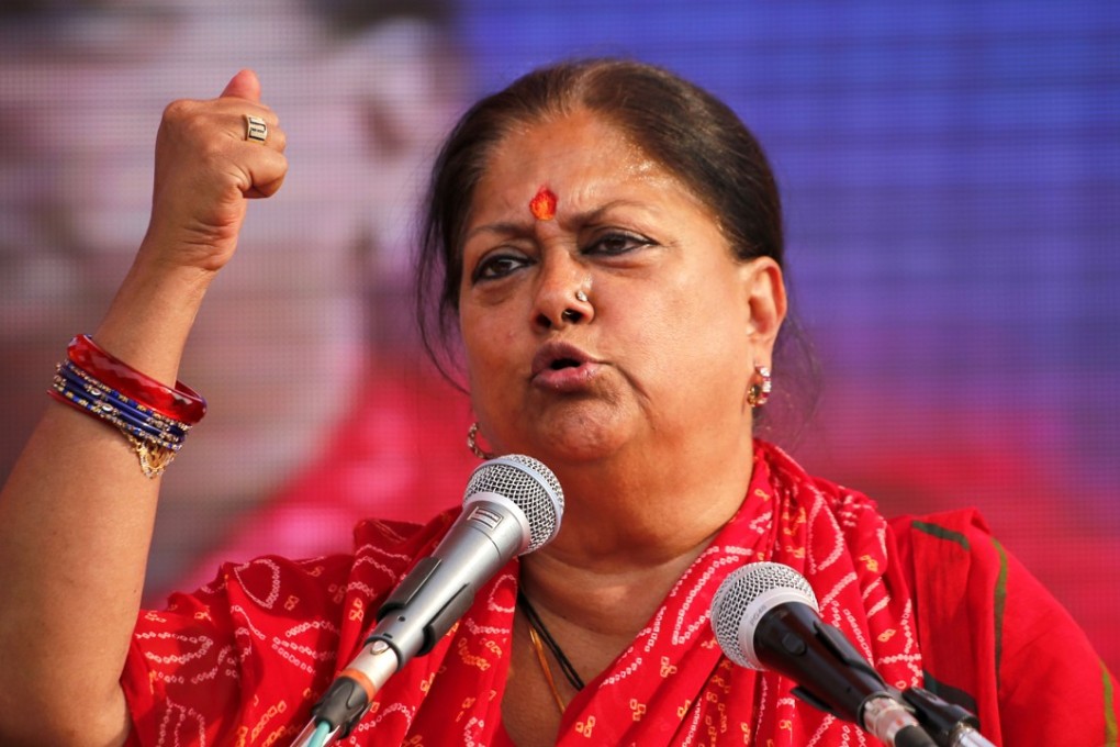 Rajasthan Chief Minister Vasundhara Raje speaks during an election rally in support of candidates from the Bharatiya Janata Party in Kotri. Photo: AFP