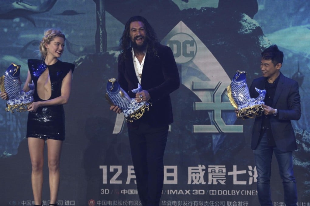 Jason Momoa (centre), Amber Heard and director James Wan at an event in Beijing last month ahead of Aquaman's December world premiere. Photo: AP