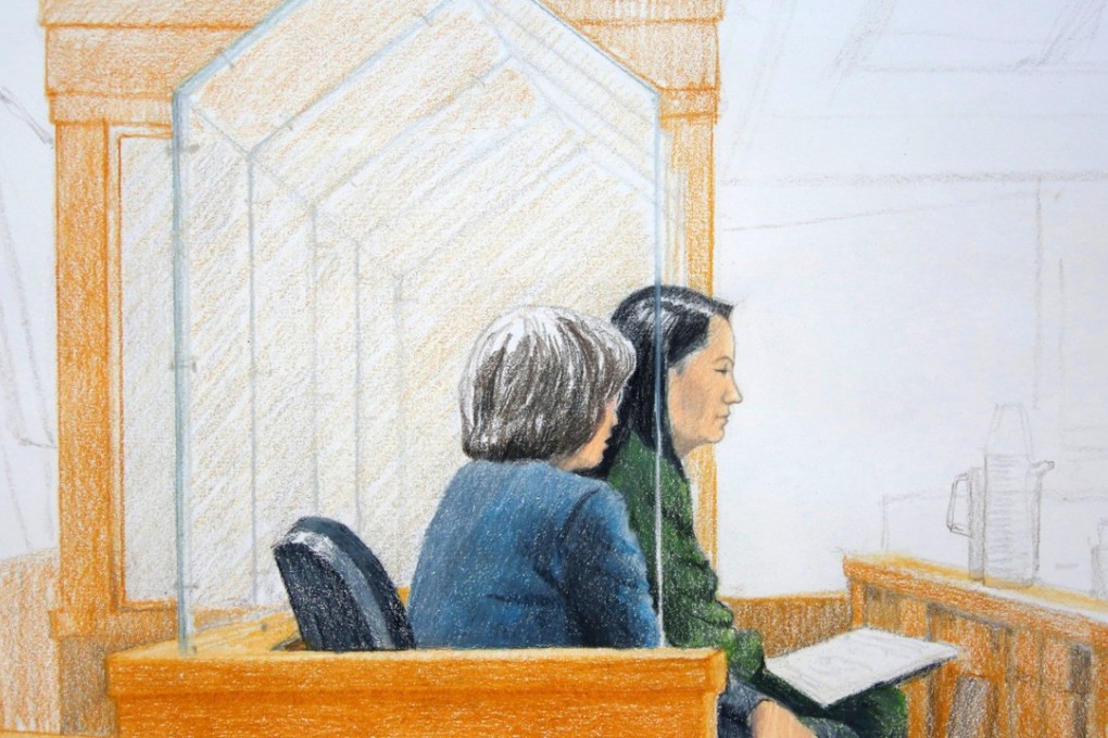 A courtroom artist’s sketch of Huawei CFO Sabrina Meng Wanzhou, who was arrested on an extradition warrant, at her British Columbia Supreme Court bail hearing in Vancouver, Canada, on Thursday. Image: Jane Wolsak/Reuters, edit by SCMP