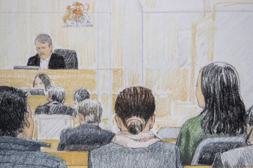 In this courtroom sketch, Meng Wanzhou, right in green, the chief financial officer of Huawei Technologies, listens during her bail hearing at British Columbia Supreme Court in Vancouver on Tuesday. By the end of the afternoon, Mr Justice William Ehrcke granted her bail. Image: Jane Wolsak/The Canadian Press via AP