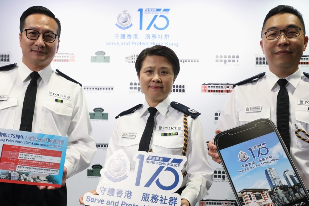 From left to right: Chan Man-tak, deputy director of Hong Kong Police College; Lau Chi-wai, director of Hong Kong Police College and Ho Wai-hong, chief superintendent of Hong Kong Police, at a press conference announcing plans for the Hong Kong Police 175th anniversary celebrations. Photo: K.Y. Cheng