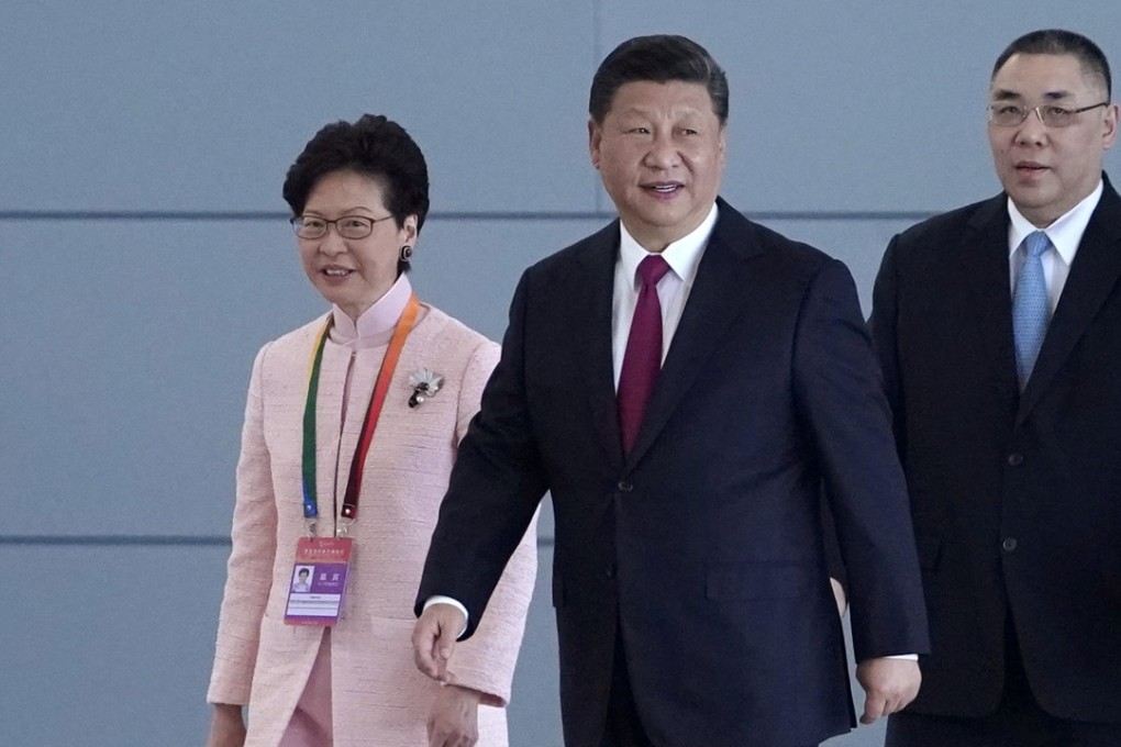 Chinese President Xi Jinping, Hong Kong Chief Executive Carrie Lam and Macau Chief Executive Fernando Chui arrive for the opening ceremony of the Hong Kong-Zhuhai-Macau Bridge in Zhuhai, Guangdong province, on October 23. Photo: Reuters