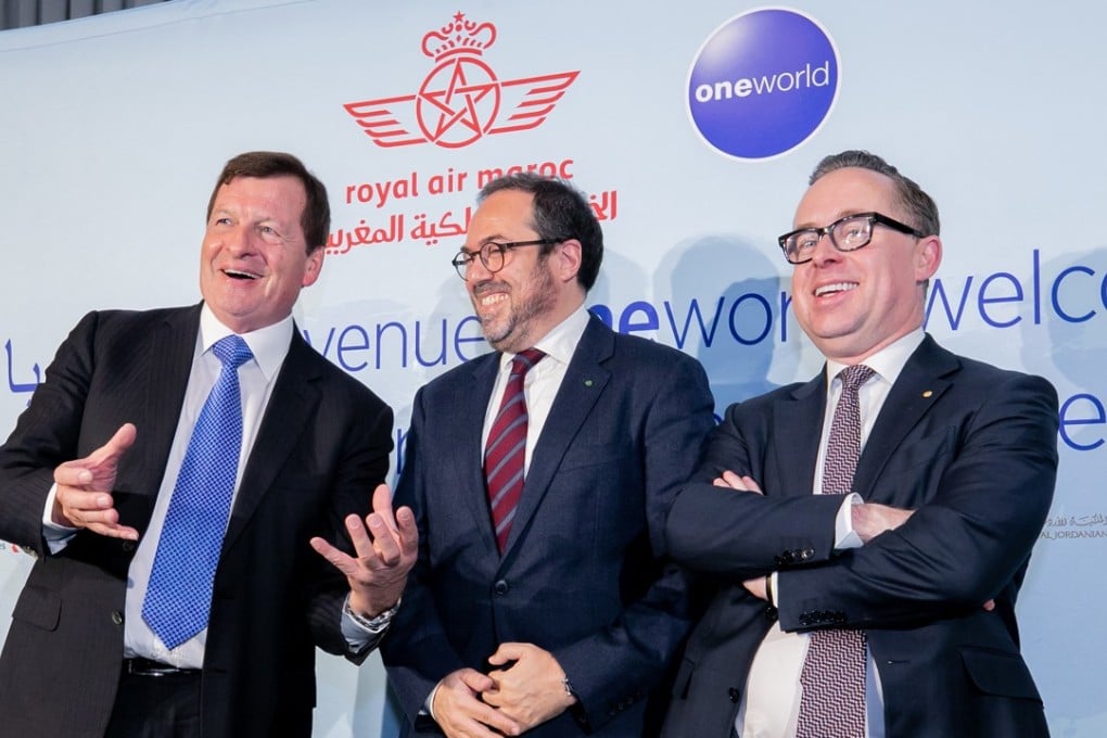 Oneworld CEO Rob Gurney (left), pictured with Royal Air Maroc CEO Abdelhamid Addou (centre), and Qantas CEO Alan Joyce (right) at the announcement of Royal Air Maroc as the newest member of the alliance in New York last week. Photo: Handout