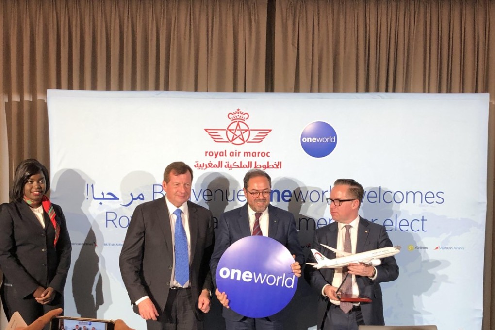 Oneworld CEO Rob Gurney (left), with Royal Air Maroc CEO Abdelhamid Addou (centre), and Qantas CEO Alan Joyce (right) in New York last week, announcing the Moroccan airline RAM as the newest member of the alliance. Photo: Danny Lee