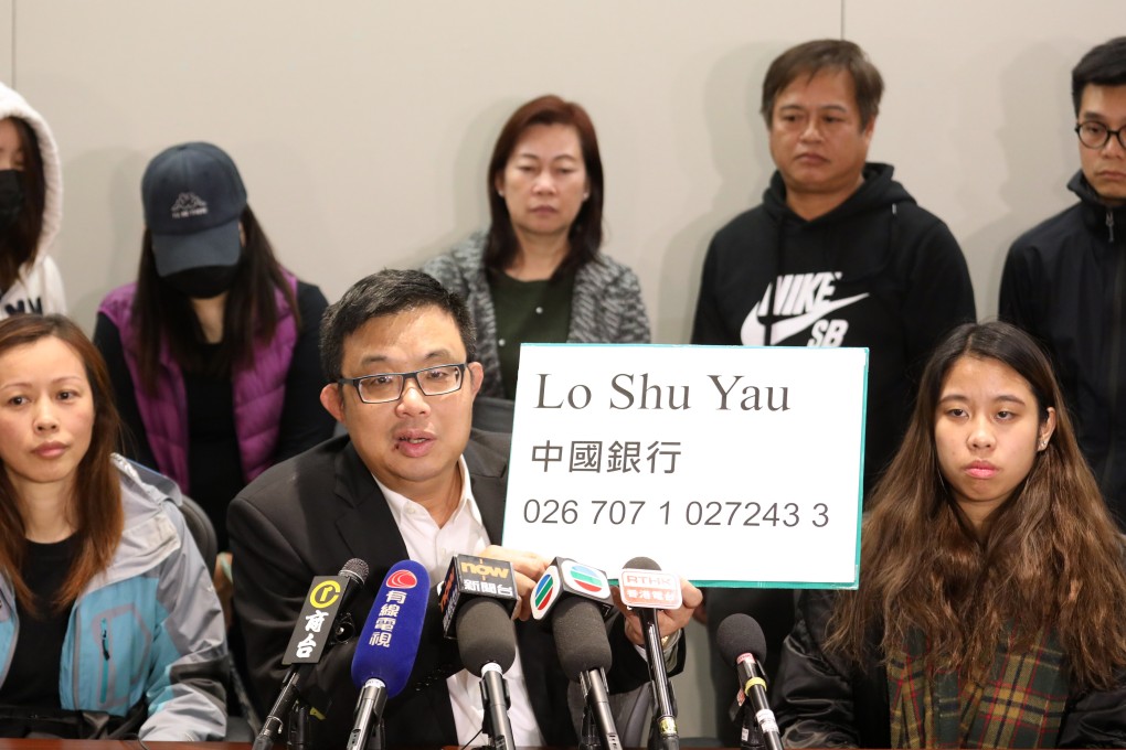 James To (centre) and the families of the detained Hongkongers called on other residents of the city to help them raise money for legal fees. They asked that donations be sent to the Bank of China account of Lo Shu-yau, brother of Lo Wing-fai. Photo: Felix Wong