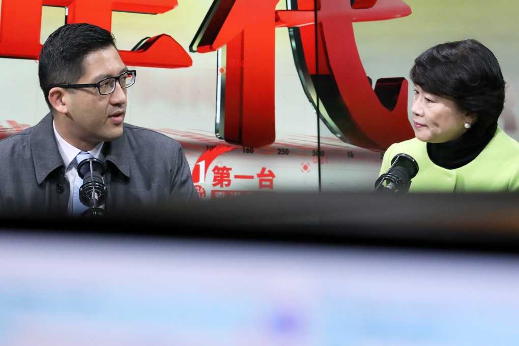 Priscilla Leung (right) speaking with Democratic Party lawmaker Lam Cheuk-ting about the Director of Justice’s decision not to charge former Hong Kong Chief Executive Leung Chun-ying on RTHK on December 19. Photo: Roy Issa