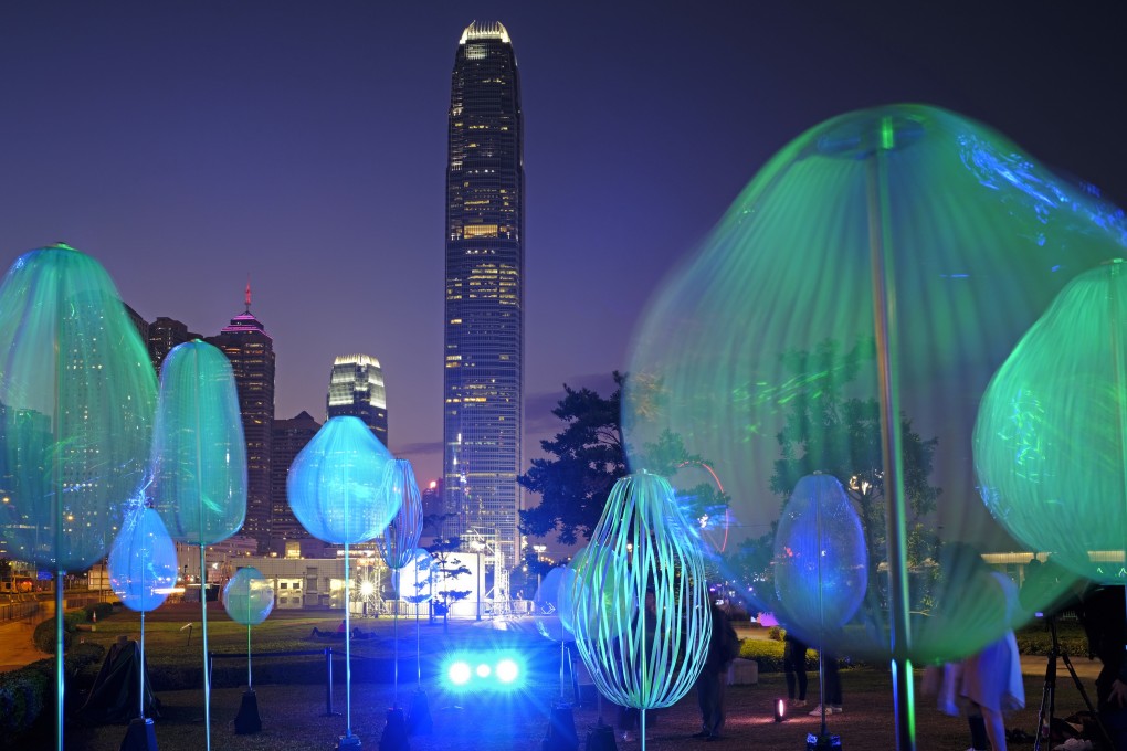 An installation for the Hong Kong Pulse Light Festival seen against the skyline of the city’s Central business district. Photo: AP
