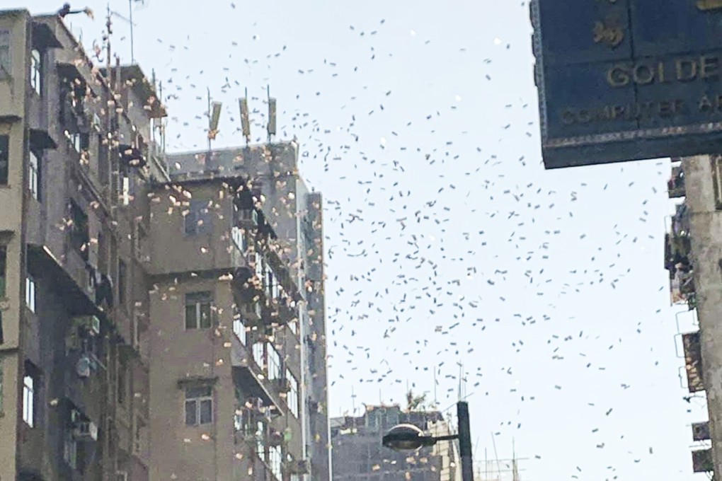 Money fell from the sky on Saturday, sending a crowd into a frenzy in one of Hong Kong’s poorest districts. Photo: Facebook