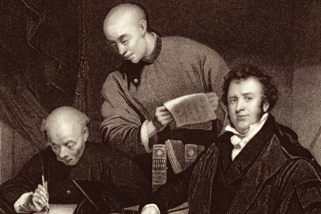 Chinese language teachers Li Shigong (left) and Chen Laoyi (centre) with Protestant missionary Robert Morrison, translating the Bible into Chinese, in an engraving by W. Holl, circa 1850. Picture: Alamy