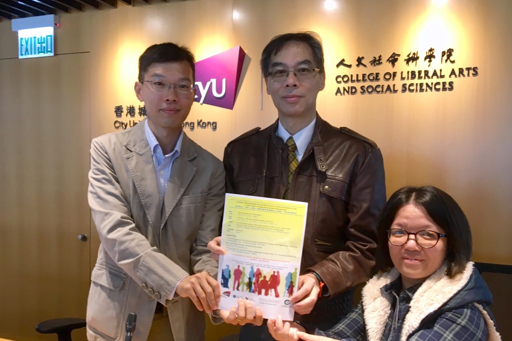 From left to right: Dr Simon Yau, associate professor of the department of Public Policy at City University; Dr Ferrick Chu, director of policy, research and training at the Equal Opportunities Commission; Chung Oi-po, chairwoman of Hong Kong Slix Society at a press conference unveiling the study. Photo: Ivanka Lou