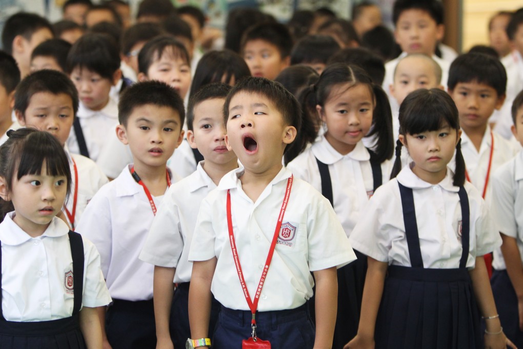 Primary students in Wan Chai return to campus on the first day of a new school term. Photo: Sam Tsang