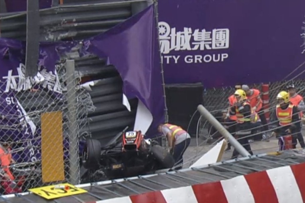 Sophia Floersch’s car in the barriers after her horror crash at Lisboa Bend in the Macau Grand Prix. Photo: Twitter