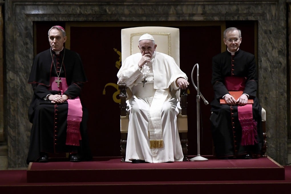 Pope Francis sits during the traditional greetings to the Roman Curia at the Vatican on December 21, 2018. Photo: AP