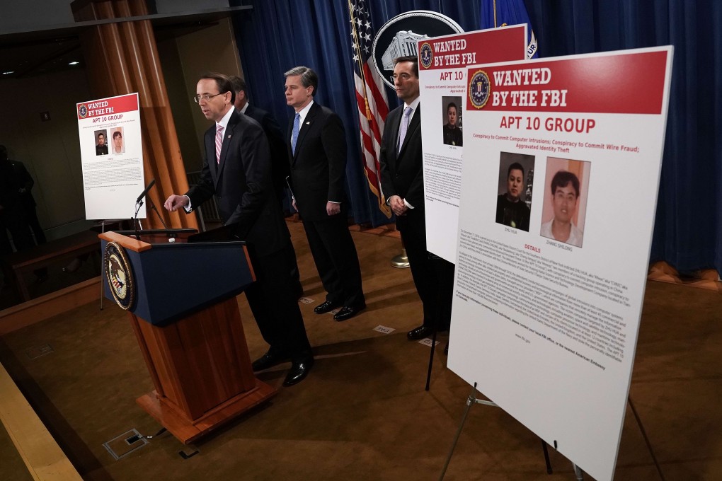 US Deputy Attorney General Rod Rosenstein speaks at a press conference about Chinese hacking at the Justice Department in Washington on Thursday. Photo: AFP