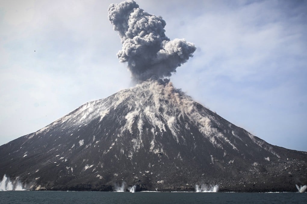 A plume of ash erupts from Anak Krakatoa volcano in July. File photo: EPA