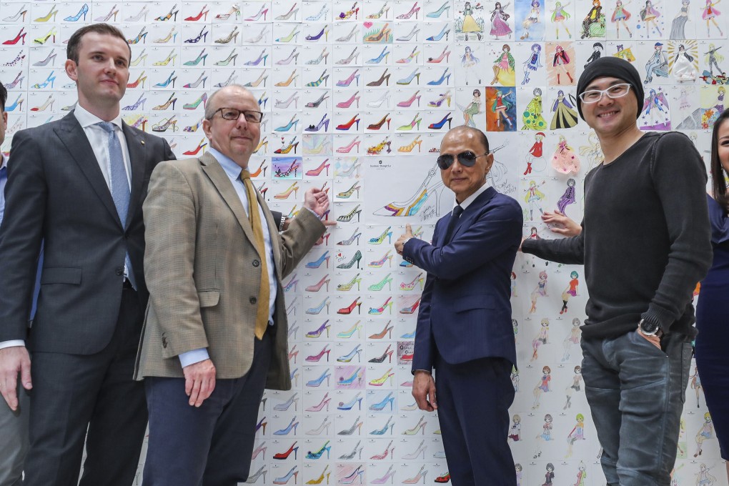(From left) SCMP’s Lawrence Wong, Kowloon Shangri-La resident manager Conor Hadlington, RTHK’s Hugh Chiverton, Professor Jimmy Choo, Danny Choo and local artiste Skye Chan with the display. Photo: Edward Wong