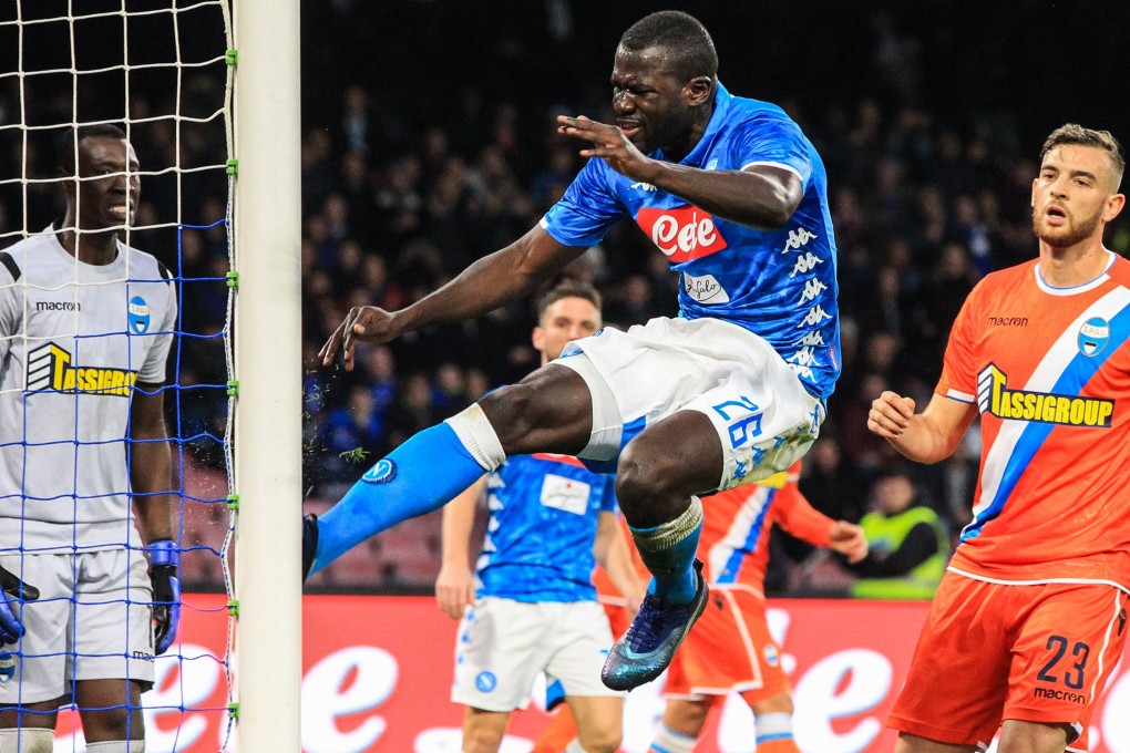 Napoli's Senegalese defender Kalidou Koulibaly kicks the goal's post during the Italian Serie A against Inter Milan. Photo: AFP