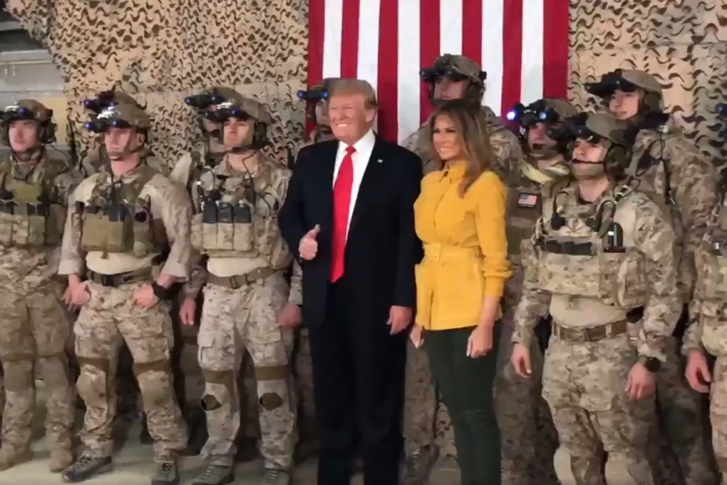 US President Donald Trump poses with US special operations troops during a visit to the Al-Asad Air Base in Iraq on Wednesday. The image is taken from a video Trump posted on his Twitter account showing the secret troops in full combat gear, including night-vision goggles. Photo: Twitter/realDonaldTrump
