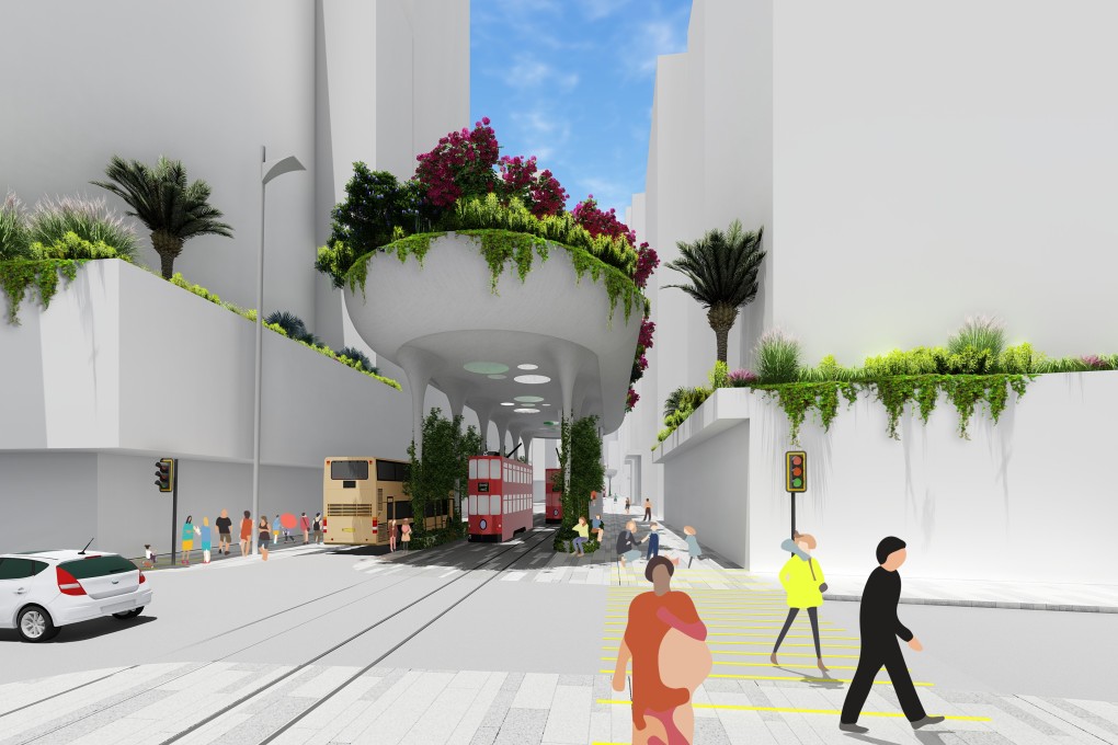 The winning group, led by MLA+, proposed a vehicle-free future for Des Voeux Road Central with five themed tram stops, one of which, Garden Oasis, provides a sheltered sitting out place.