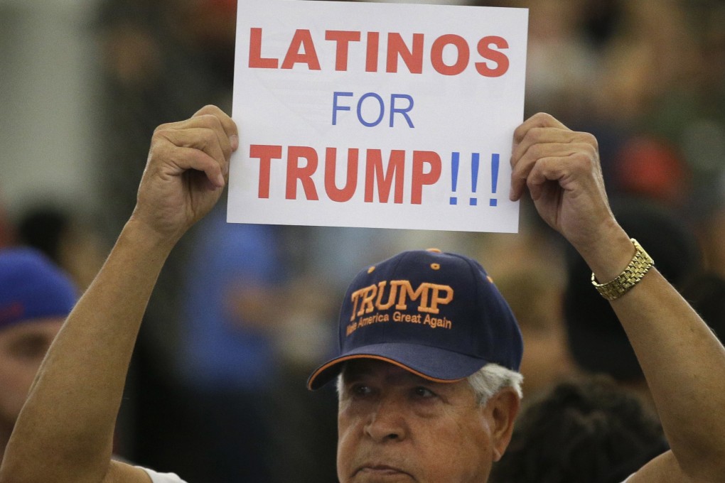 A man holds up a sign for then Republican presidential candidate Donald Trump before the start of a rally in Anaheim, California, in May 2016. Photo: AP