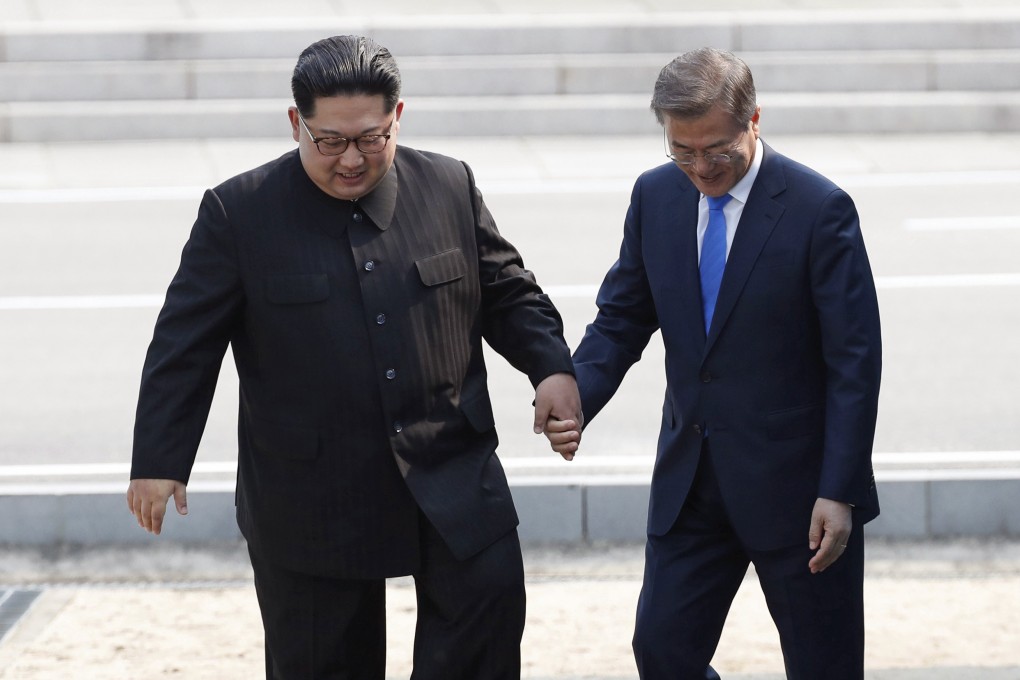 North Korean leader Kim Jong-un and South Korean President Moon Jae-in at the border village of Panmunjom in the demilitarised zone on April 27, 2018. Photo: AP