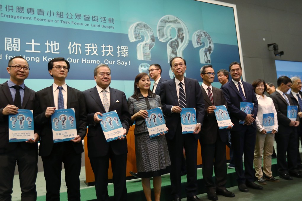 Members of the Task Force on Land Supply, at a press conference on Public Engagement Exercise of Task Force on Land Supply in April. Photo: Nora Tam