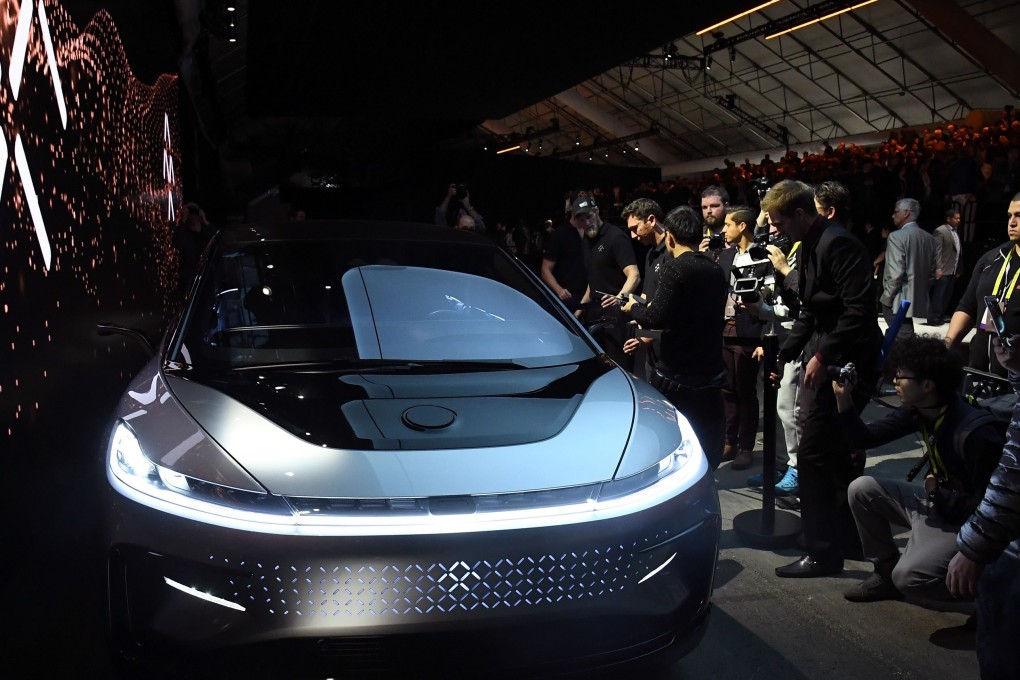 Faraday Future's FF 91 prototype electric crossover vehicle on show at CES 2017 in Las Vegas, Nevada. The cash-strapped carmaker faces an uphill task, according to analysts. Photo: AFP