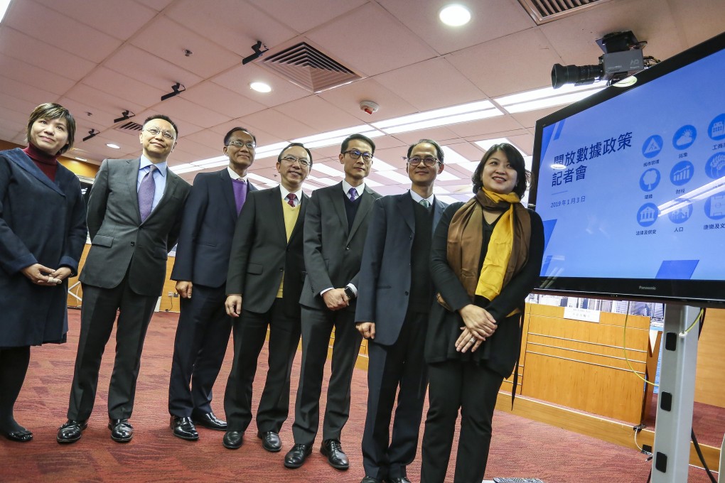 Victor Lam, government chief information officer (fourth from left), pictured with other government officials at a press conference on the implementation of open data policy. Photo: Jonathan Wong