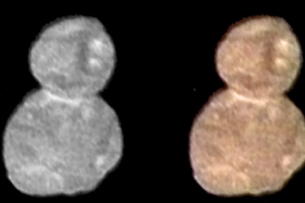 This combination of photos by Nasa show Ultima Thule, taken at a distance of 137,000km on January 1, with the image on the right highlighting its reddish surface. Photo: AFP