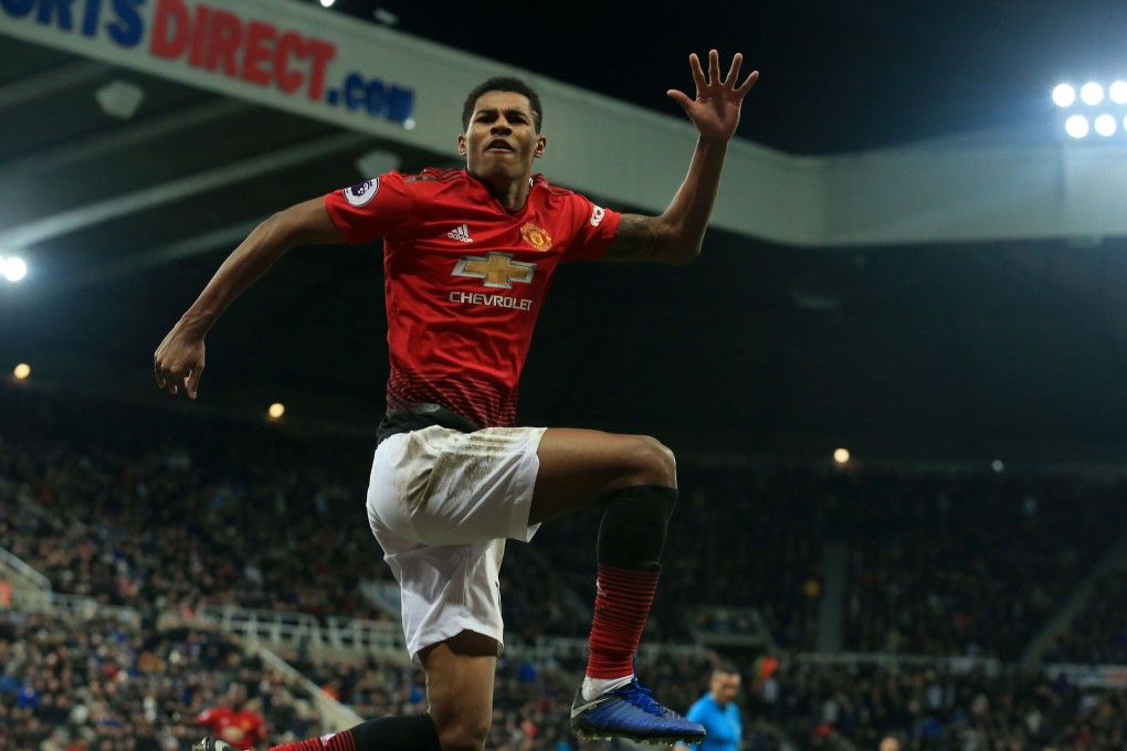 Marcus Rashford celebrates scoring Manchester United’s second goal against Newcastle. Photo: AFP