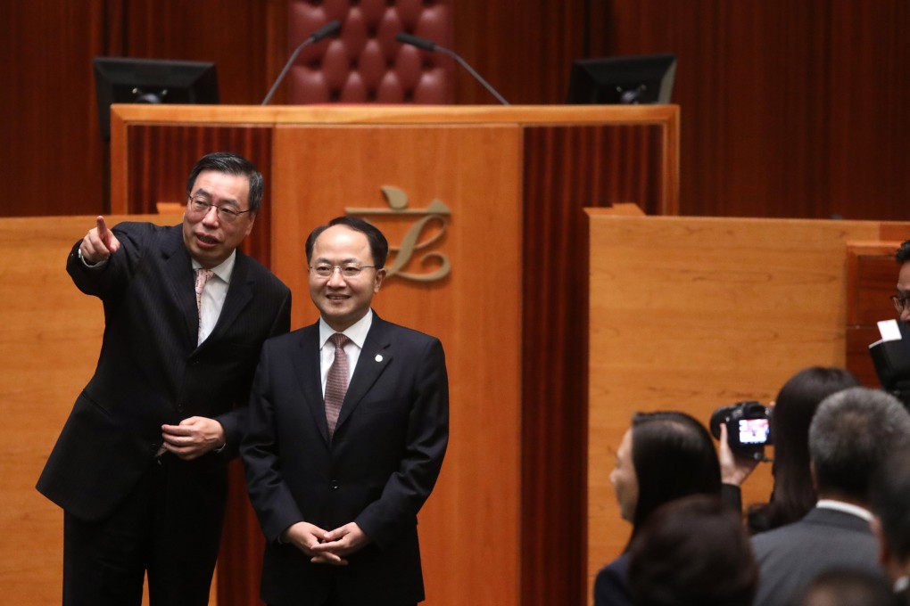 Legco president Andrew Leung (left), Wang Zhimin, the director of the liaison office during a tour of Hong Kong’s Legislative Council complex. Photo: Sam Tsang