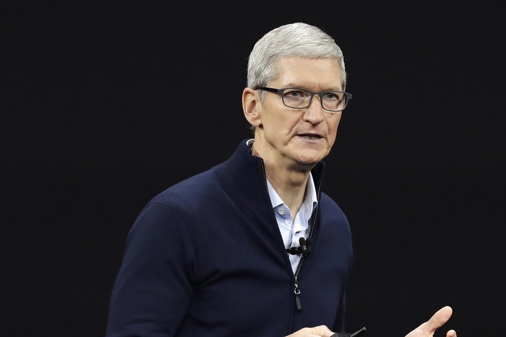 Apple CEO Tim Cook gives a presentation at the Steve Jobs Theatre on the Apple campus in Cupertino, California. Photo: AP